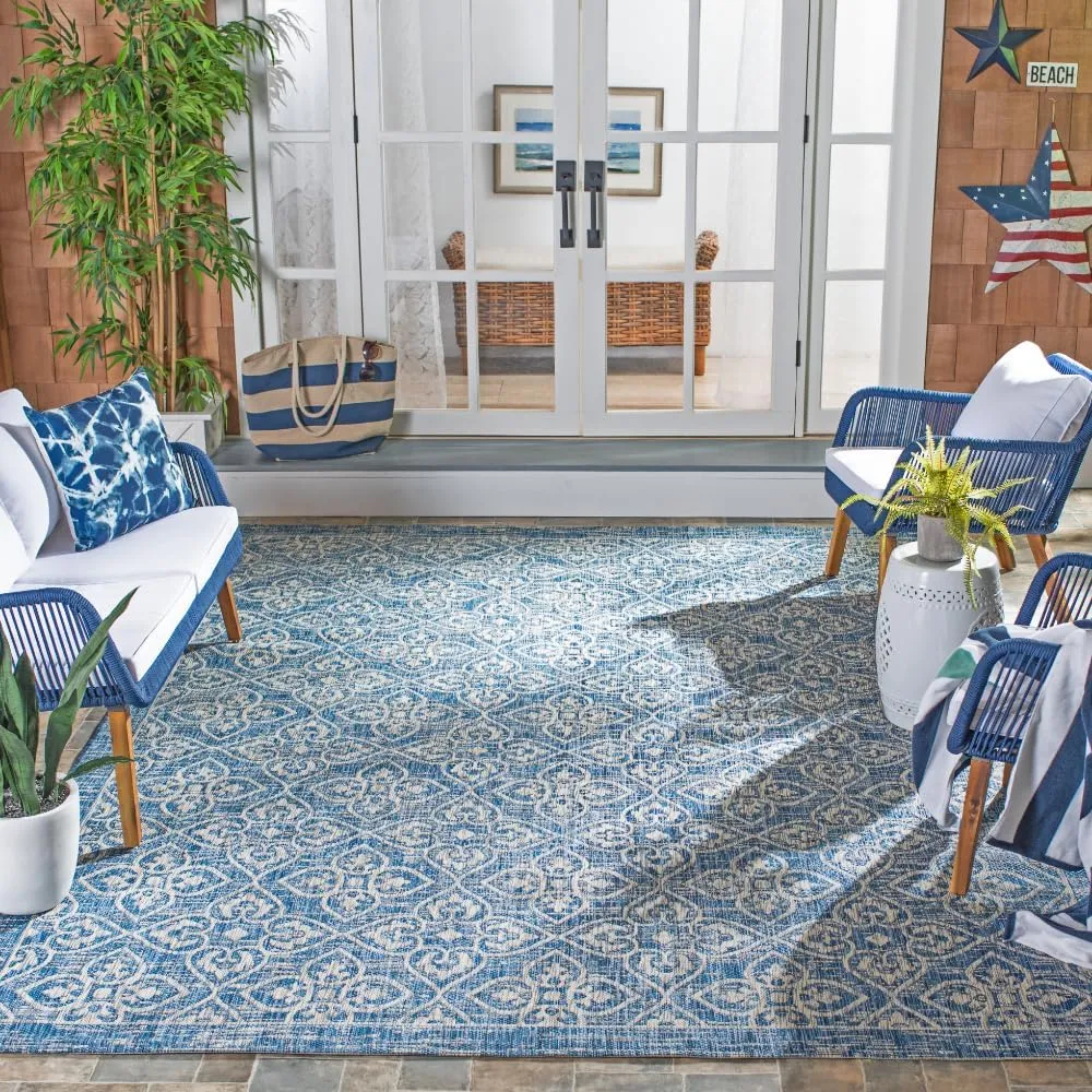 SAFAVIEH Courtyard Collection 8' x 11' Navy/Grey CY8066 Indoor/ Outdoor Waterproof Easy Cleaning Patio Backyard Mudroom Area Rug