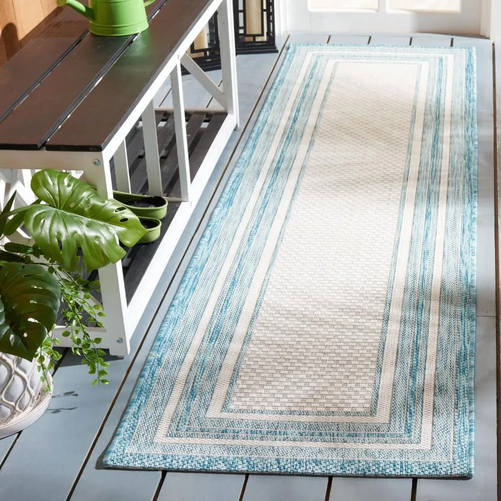 SAFAVIEH Courtyard Collection Runner Rug - 2'3" x 6'7", Ivory & Aqua, Geometric Pattern, Indoor/Outdoor & Washable, Ideal for Patio, Backyard, Mudroom (CY8475-53612-27)