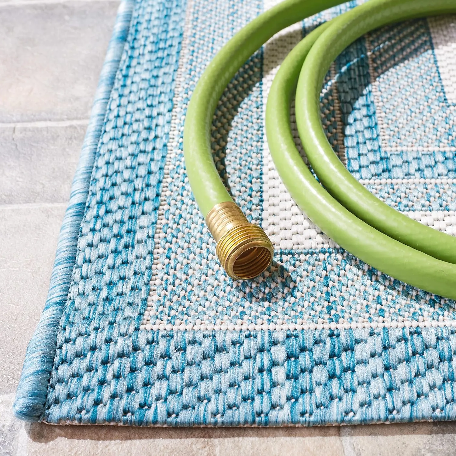 SAFAVIEH Courtyard Collection Runner Rug - 2'3" x 6'7", Ivory & Aqua, Geometric Pattern, Indoor/Outdoor & Washable, Ideal for Patio, Backyard, Mudroom (CY8475-53612-27)