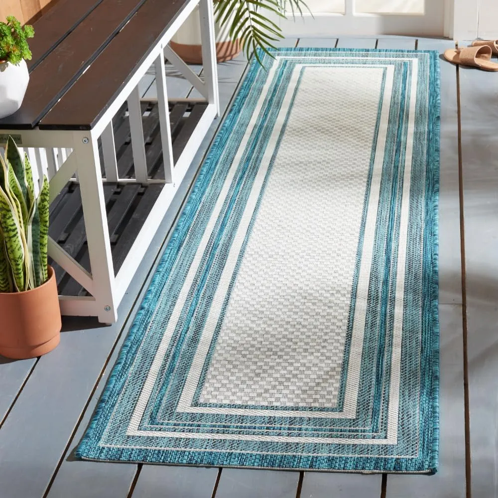 SAFAVIEH Courtyard Collection Runner Rug - 6' Runner7, Ivory & Teal, Casual Design, Stain Resistant, Ideal for High Traffic Areas in Hallway, Bathroom & Kitchen (CY8475-53512-27)