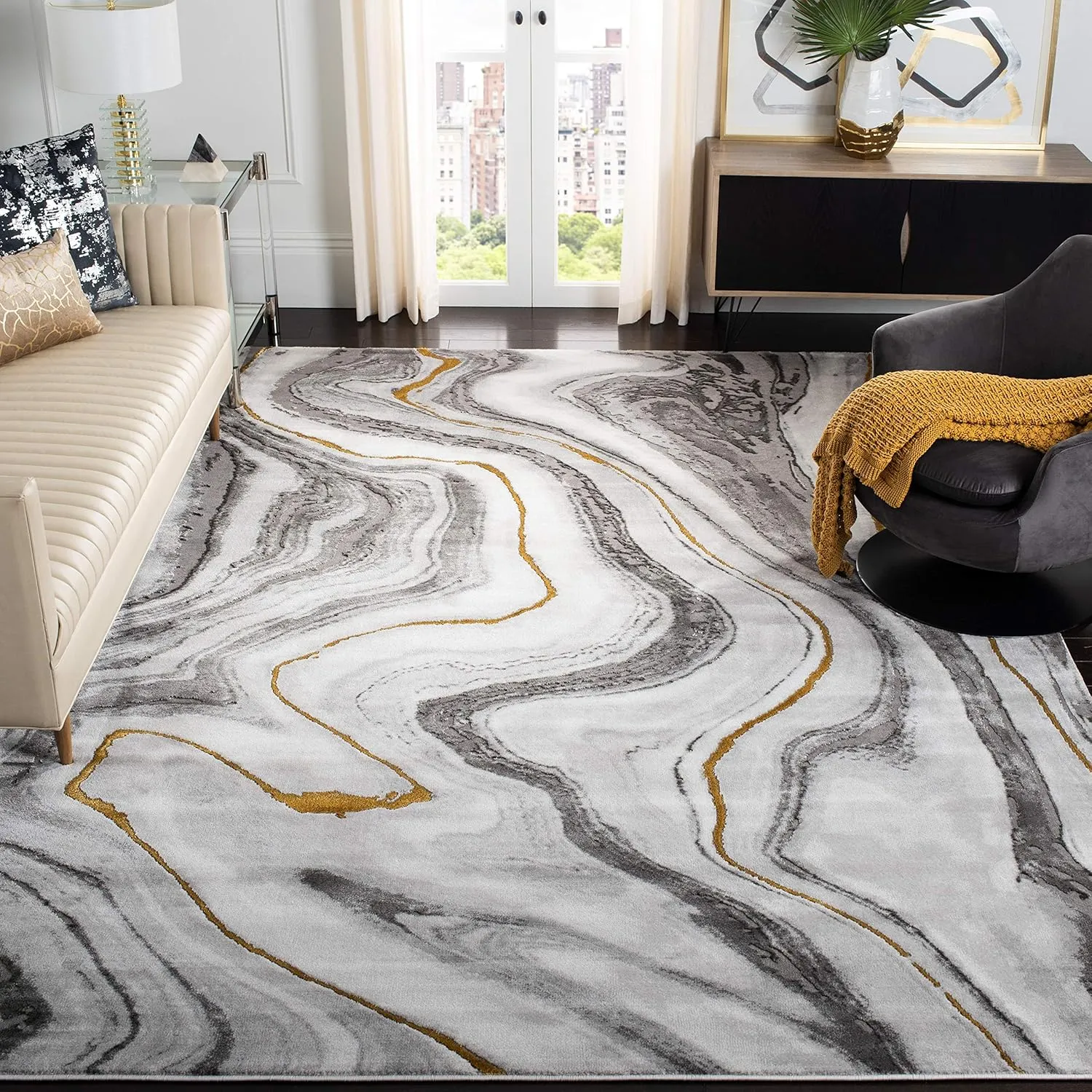 SAFAVIEH Craft Collection Area Rug - 6'7" x 9', Grey & Gold, Modern Abstract Design, Non-Shedding & Easy Care, Ideal for High Traffic Areas in Living Room, Bedroom (CFT819F)