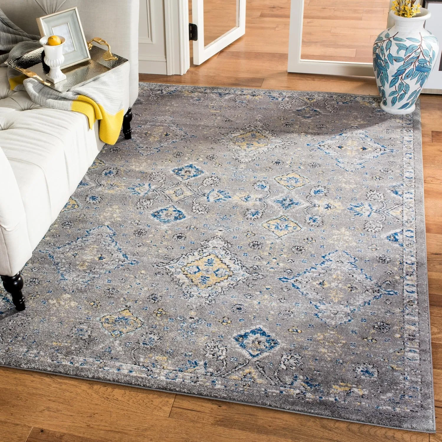 SAFAVIEH Evoke Collection 6'7" x 9' Dark Grey / Yellow EVK224G Boho Oriental Non-Shedding Living Room Bedroom Dining Home Office Area Rug