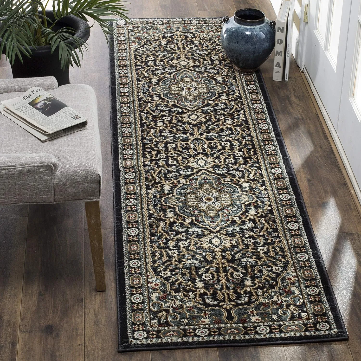 SAFAVIEH Lyndhurst Collection Area Rug - 2'3" x 6' Runner, Anthracite/Teal, Geometric Design, Ideal for High Traffic Areas in Living Room, Bedroom, Dining (LNH338C)
