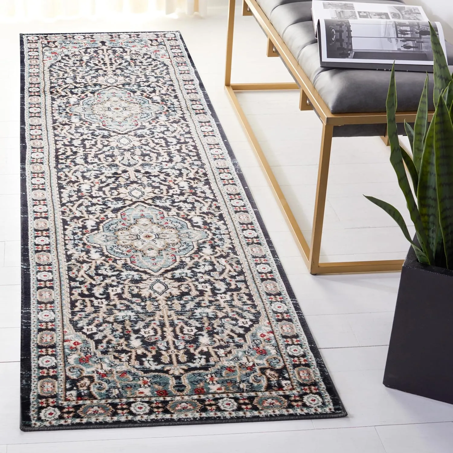 SAFAVIEH Lyndhurst Collection Area Rug - 2'3" x 6' Runner, Anthracite/Teal, Geometric Design, Ideal for High Traffic Areas in Living Room, Bedroom, Dining (LNH338C)