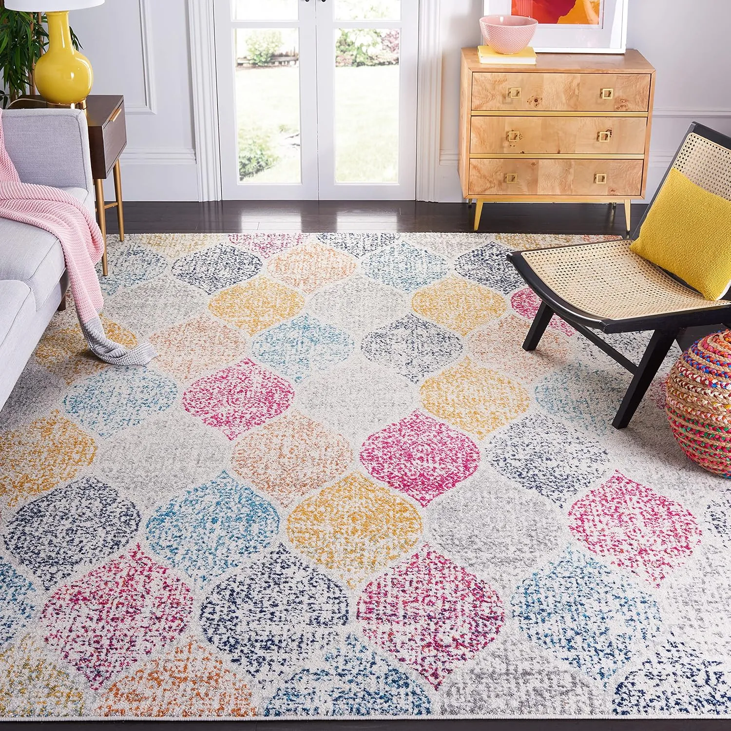 SAFAVIEH Madison Collection 9' Square Cream / Yellow MAD604C Glam Ogee Trellis Distressed Non-Shedding Living Room Bedroom Dining Home Office Area Rug