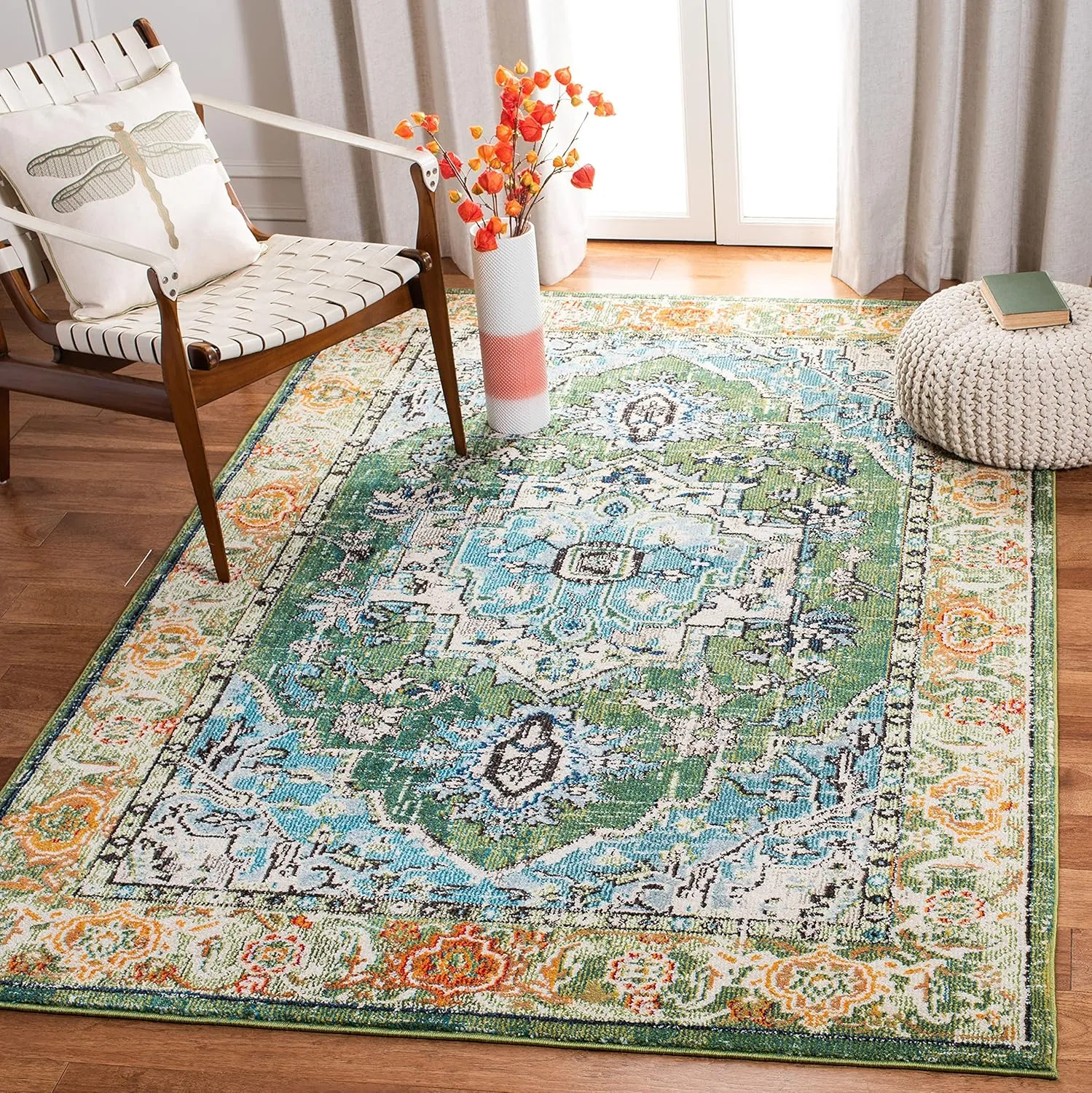 SAFAVIEH Monaco Collection Accent Rug - 4' x 5'7", Green & Turquoise, Boho Oriental Medallion Design, Non-Shedding & Easy Care, Ideal for High Traffic Areas in Entryway, Living Room, Bedroom (MNC207Y)