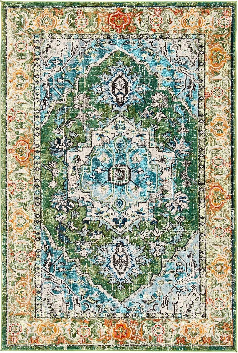 SAFAVIEH Monaco Collection Accent Rug - 4' x 5'7", Green & Turquoise, Boho Oriental Medallion Design, Non-Shedding & Easy Care, Ideal for High Traffic Areas in Entryway, Living Room, Bedroom (MNC207Y)