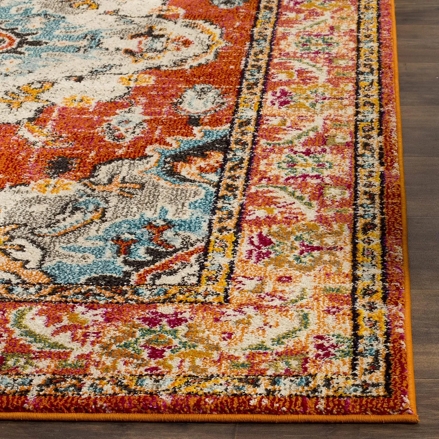 SAFAVIEH Monaco Collection Area Rug - 8' x 10', Orange & Light Blue, Boho Chic Medallion Distressed Design, Non-Shedding & Easy Care, Ideal for High Traffic Areas in Living Room, Bedroom (MNC243H)