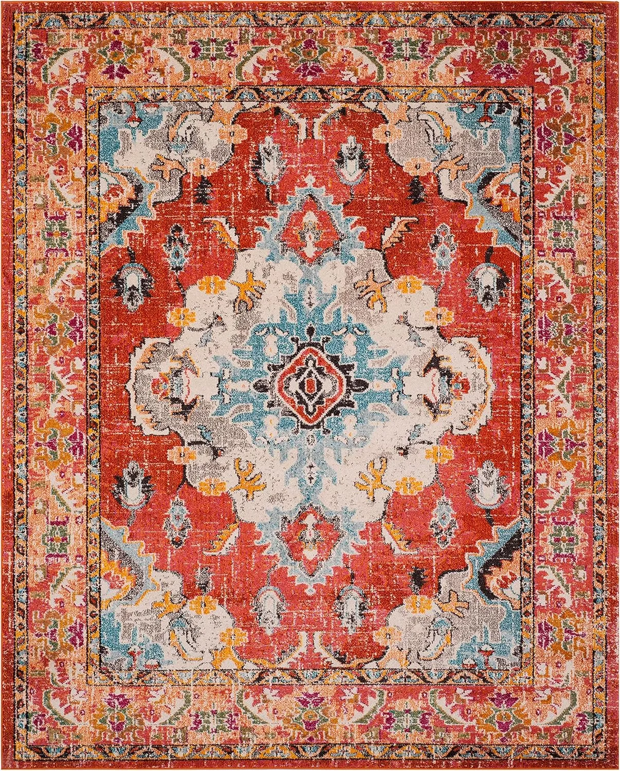 SAFAVIEH Monaco Collection Area Rug - 8' x 10', Orange & Light Blue, Boho Chic Medallion Distressed Design, Non-Shedding & Easy Care, Ideal for High Traffic Areas in Living Room, Bedroom (MNC243H)
