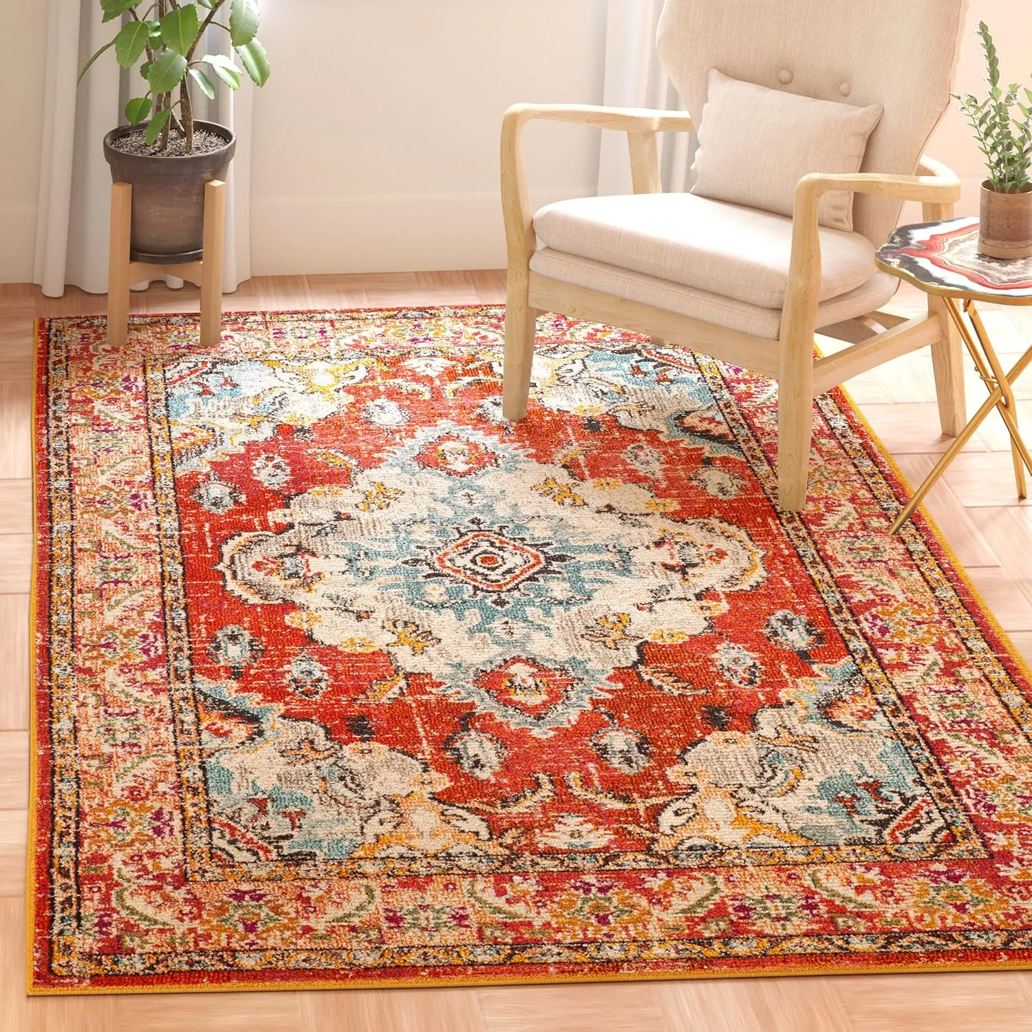 SAFAVIEH Monaco Collection Area Rug - 8' x 10', Orange & Light Blue, Boho Chic Medallion Distressed Design, Non-Shedding & Easy Care, Ideal for High Traffic Areas in Living Room, Bedroom (MNC243H)