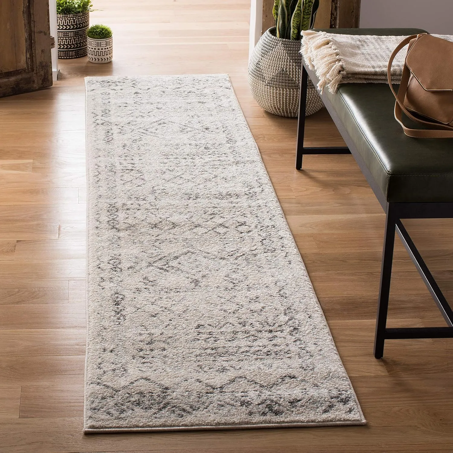 SAFAVIEH Tulum Collection Runner Rug - 2' x 7', Ivory & Grey, Moroccan Boho Distressed Design, Non-Shedding & Easy Care, Ideal for High Traffic Areas in Living Room, Bedroom (TUL268A)
