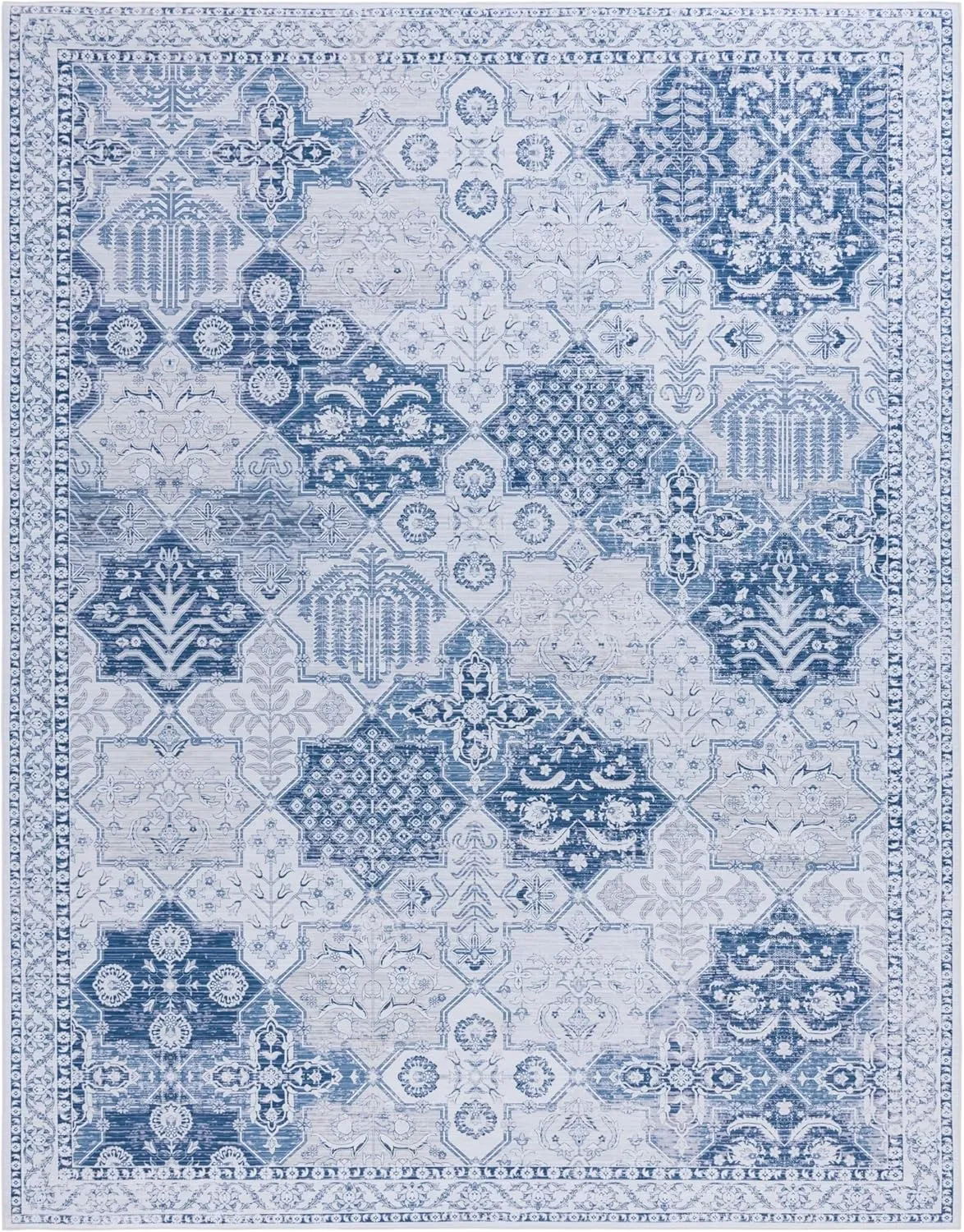 SAFAVIEH Washable Rug Tucson Collection - 9' x 12', Grey & Navy, Slip Resistant, Ideal for High Traffic Areas in Living Room, Bedroom, Home Office, Dining Space (TSN193F-9)