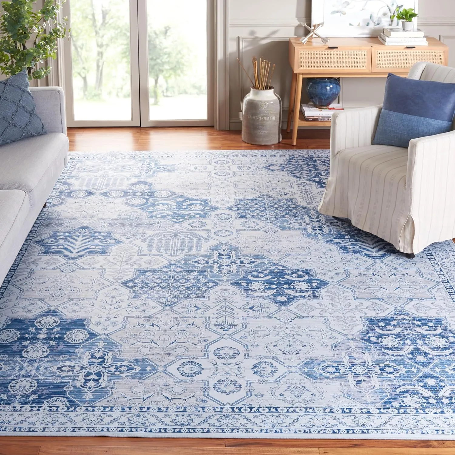 SAFAVIEH Washable Rug Tucson Collection - 9' x 12', Grey & Navy, Slip Resistant, Ideal for High Traffic Areas in Living Room, Bedroom, Home Office, Dining Space (TSN193F-9)