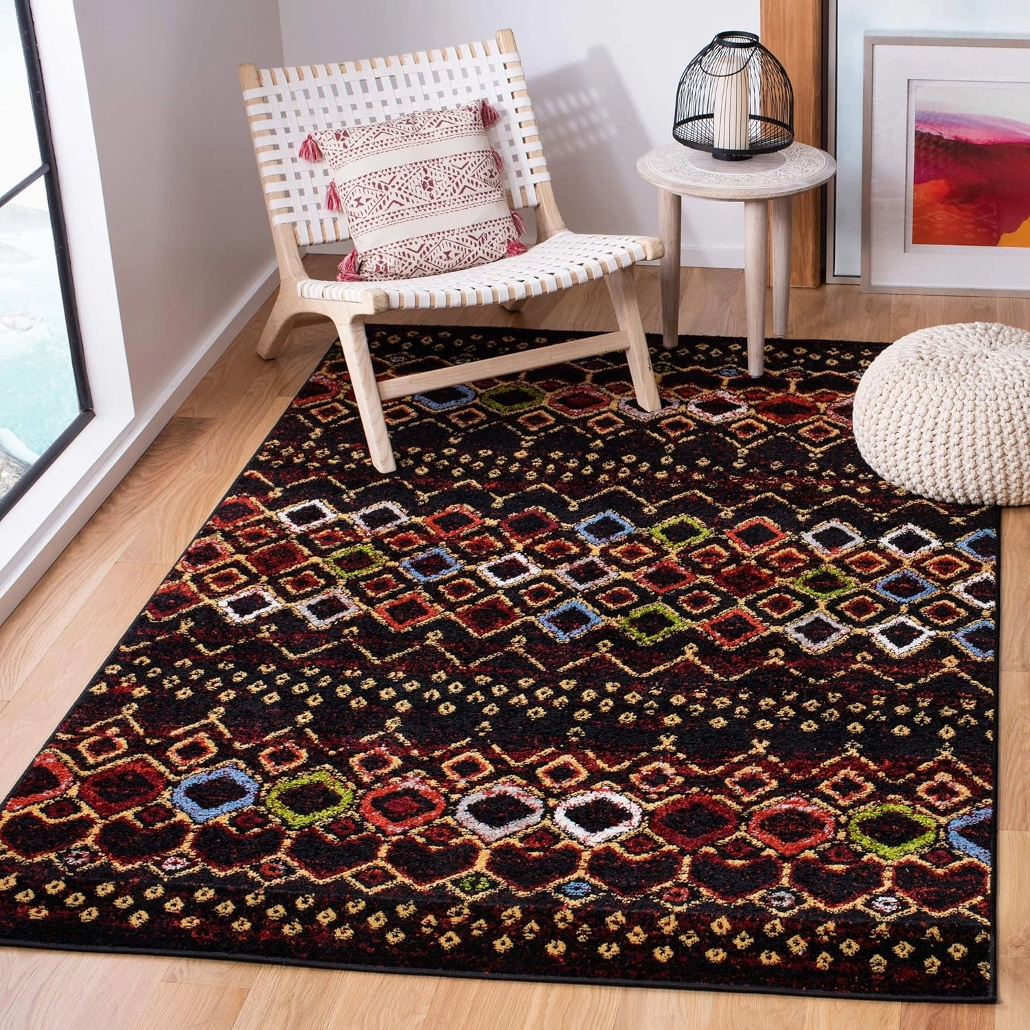 SAFAVIEH Amsterdam Collection Area Rug - 8' x 10', Black & Multi, Moroccan Boho Design, Non-Shedding & Easy Care, Ideal for High Traffic Areas in Living Room, Bedroom (AMS108P)