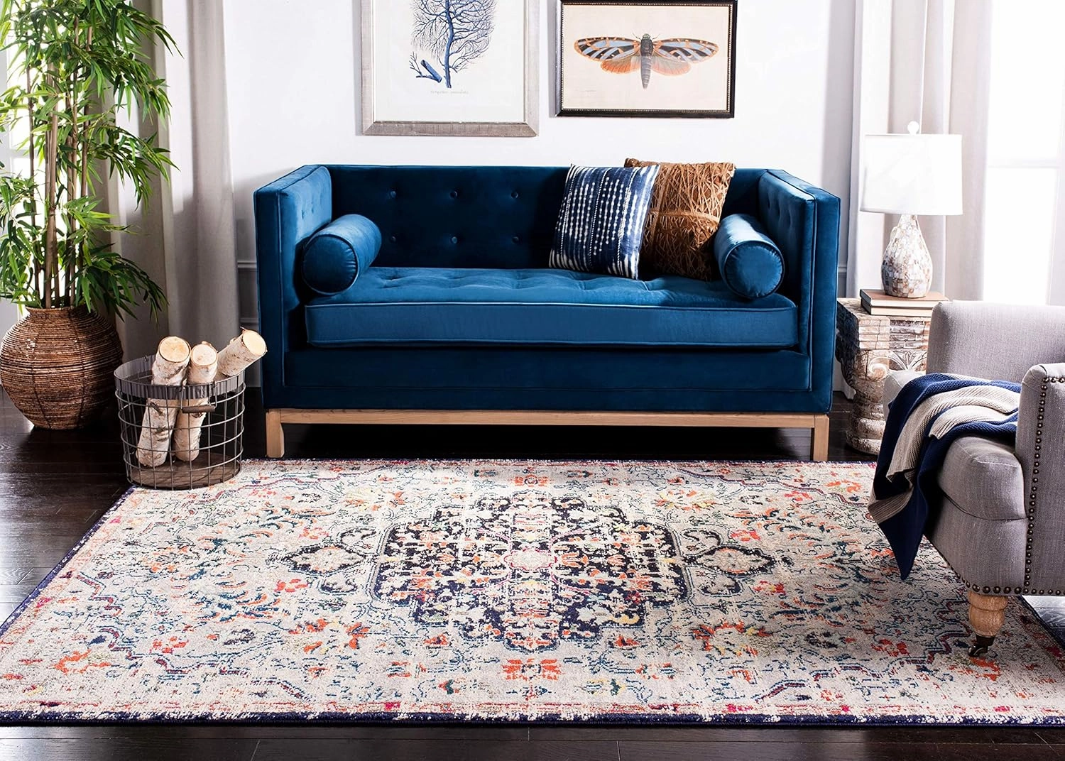 SAFAVIEH Madison Collection Area Rug - 6' x 9', Beige & Black, Boho Chic Medallion Distressed Design, Non-Shedding & Easy Care, Ideal for High Traffic Areas in Living Room, Bedroom (MAD447B)