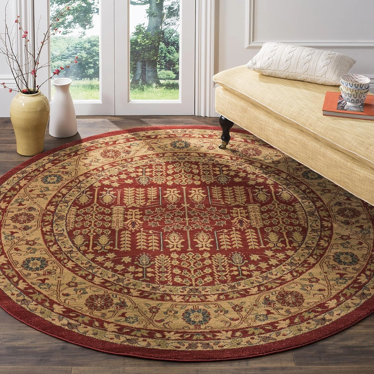 SAFAVIEH Mahal Collection 6'7" Round Red / Natural MAH697A Traditional Oriental Non-Shedding Dining Room Entryway Foyer Living Room Bedroom Area Rug