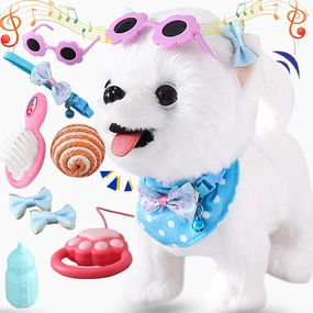 Samoyed Walking Dog Toy for Kid Girl Puppy Toy Licking Barking with Leash, Electric Talking Singing Tail Wag Plush Robot Doggy DIY Pretend Dress Up Interactive Dog