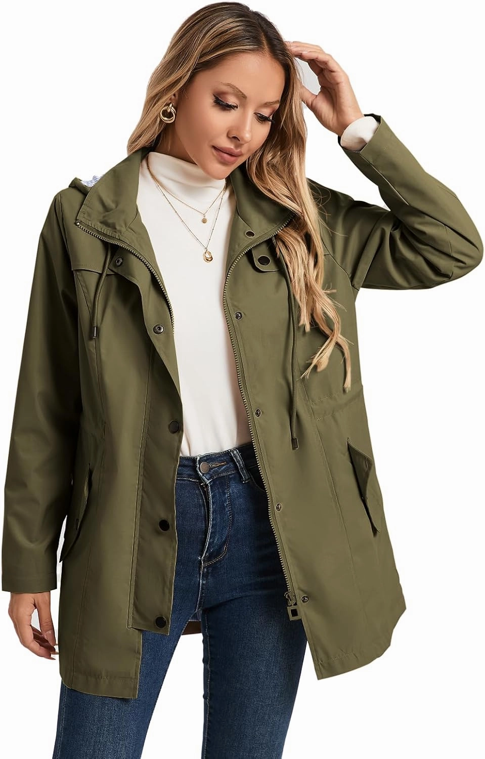 SaphiRose Women's Long Rain Jacket Waterproof Rain Coat with Hood Outdoor Light Raincoats Windbreaker