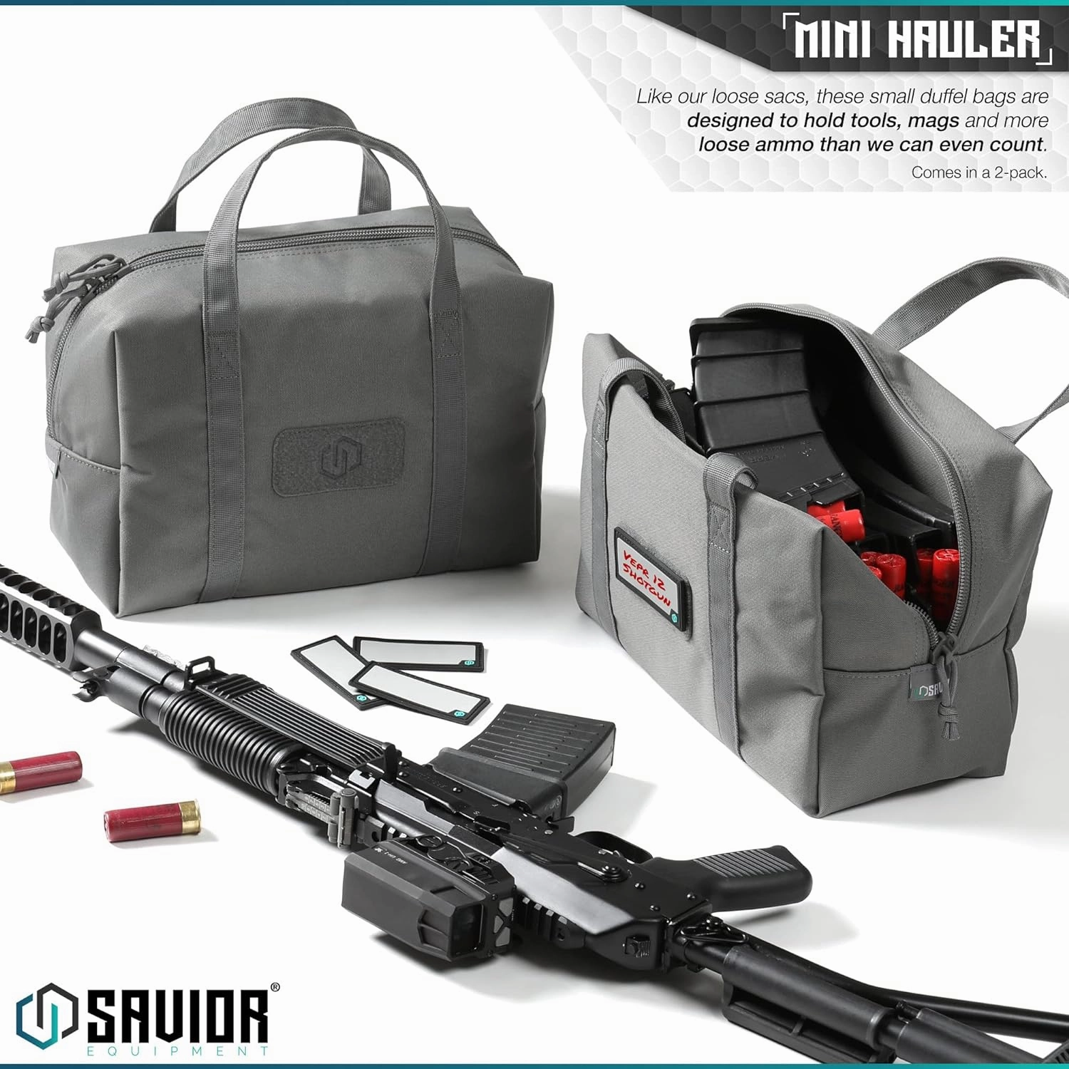 Savior Equipment Mini Hauler Tactical Ammo Duffle Bag Firearm Ammunition Loose Sac Carrier EDC Pouch, ID Patches Included, Rifle Carbine Pistol Revolver Ammos Soft Case Hunting Shooting Range Gear