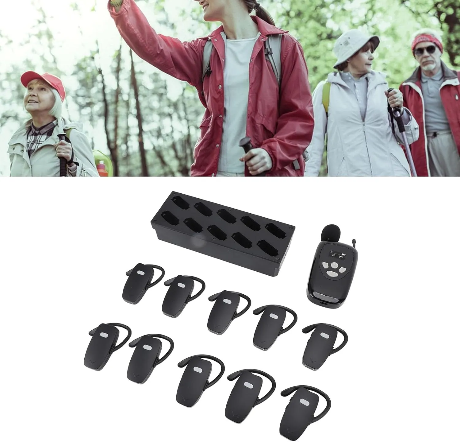 Scenic Spot Narrate Machine, Practical Wireless Tour Scenic Spot Explain Tool with 1 Transmitter 10 Receivers Tour Explain Microphone Charge Case for Museum Tours Factory Visit (US Plug)