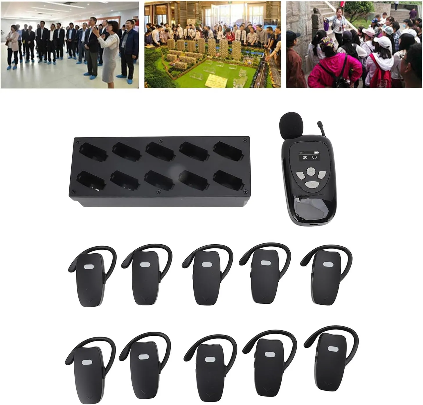 Scenic Spot Narrate Machine, Practical Wireless Tour Scenic Spot Explain Tool with 1 Transmitter 10 Receivers Tour Explain Microphone Charge Case for Museum Tours Factory Visit (US Plug)