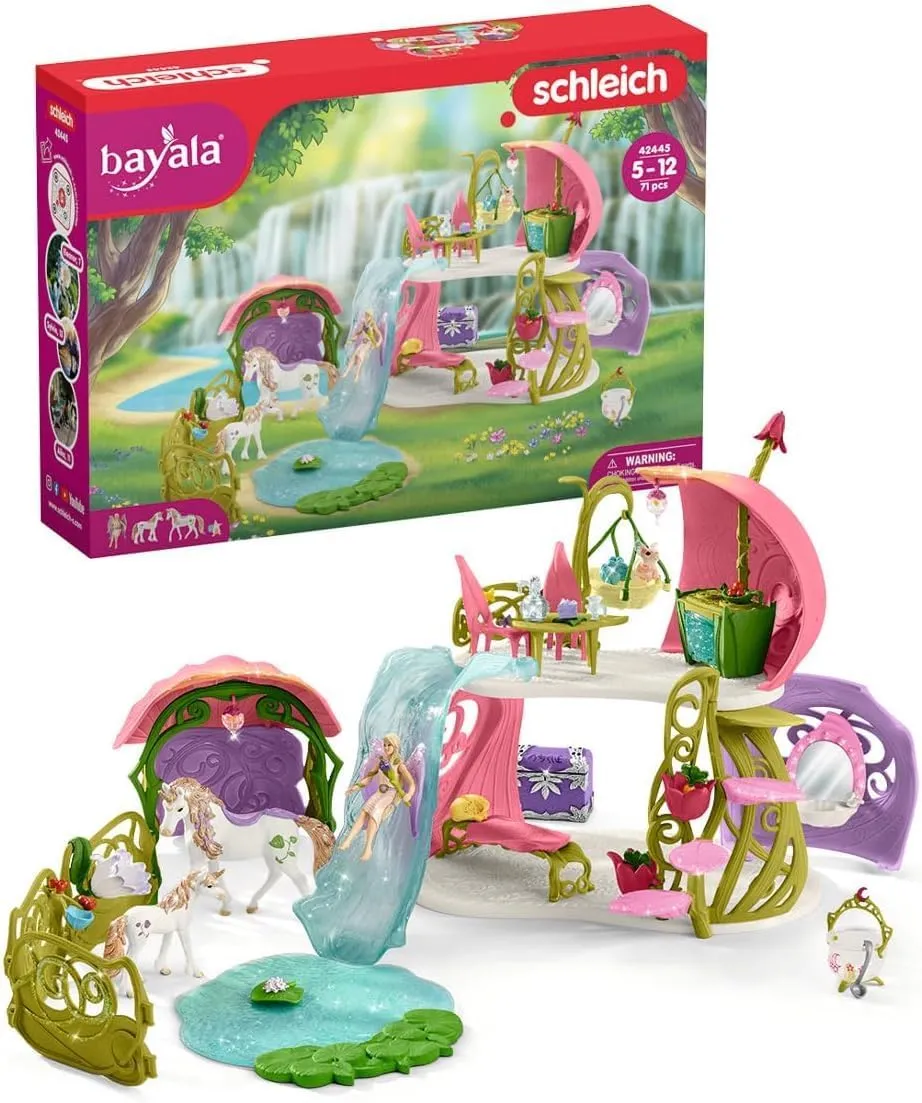Schleich Bayala - 71 PC Glittering Flower Dollhouse Playset with Fairy Figure, 2 Cute Unicorn Toys and Accessories for Girls and Boys - Fantasy Figurine Animal Set for Kids Ages 5  - 42445
