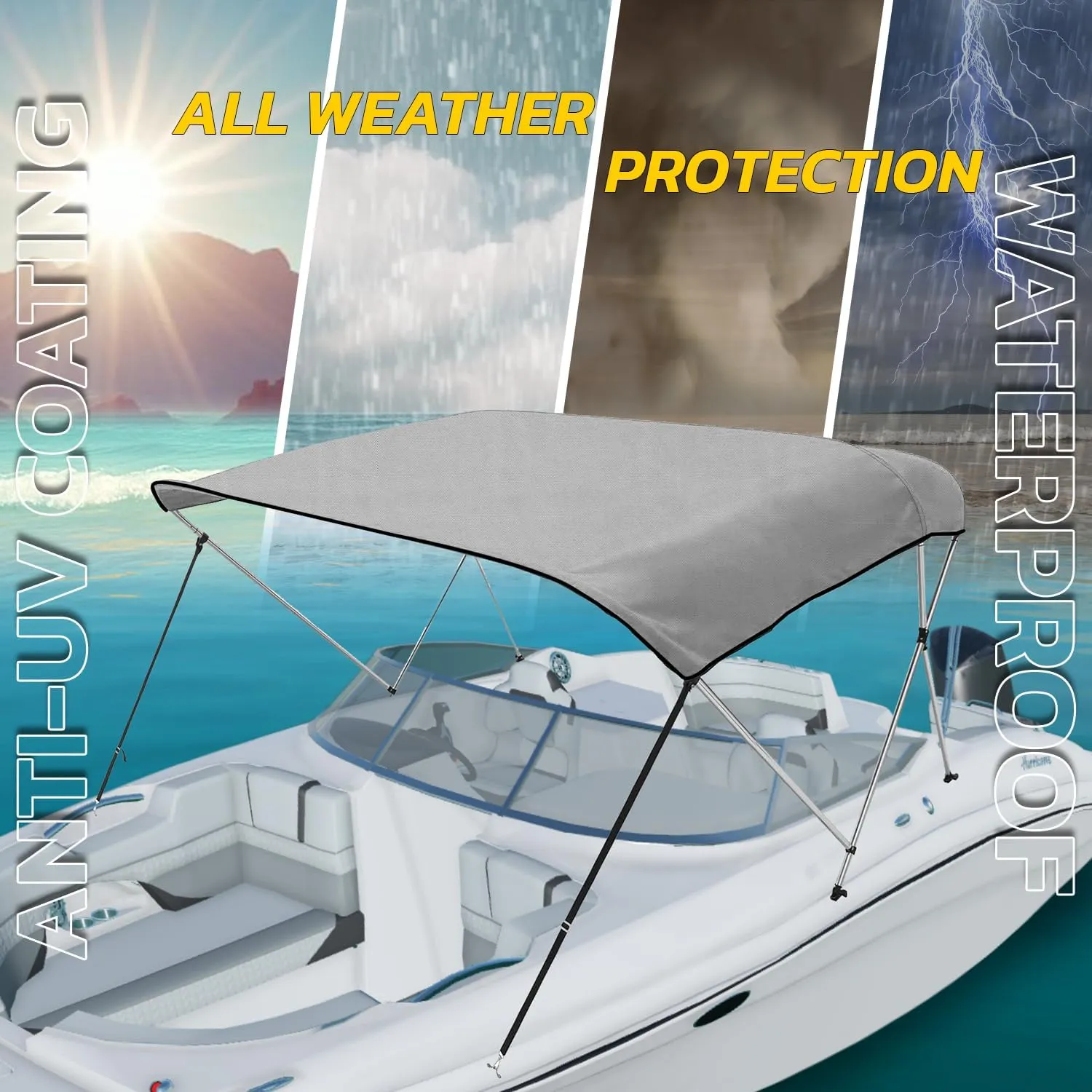 Seal Skin Covers 3 Bow / 4 Bow Bimini Top Replacement Cover, Marine Grade 600D Waterproof Canvas Boat Canopy Sun Shade Without Frame