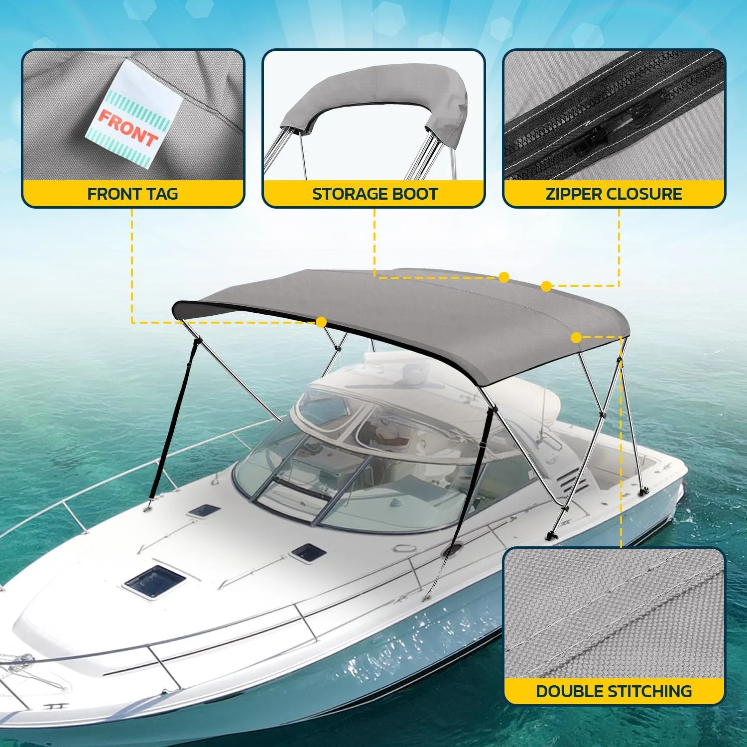 Seal Skin Covers 3 Bow / 4 Bow Bimini Top Replacement Cover, Marine Grade 600D Waterproof Canvas Boat Canopy Sun Shade Without Frame