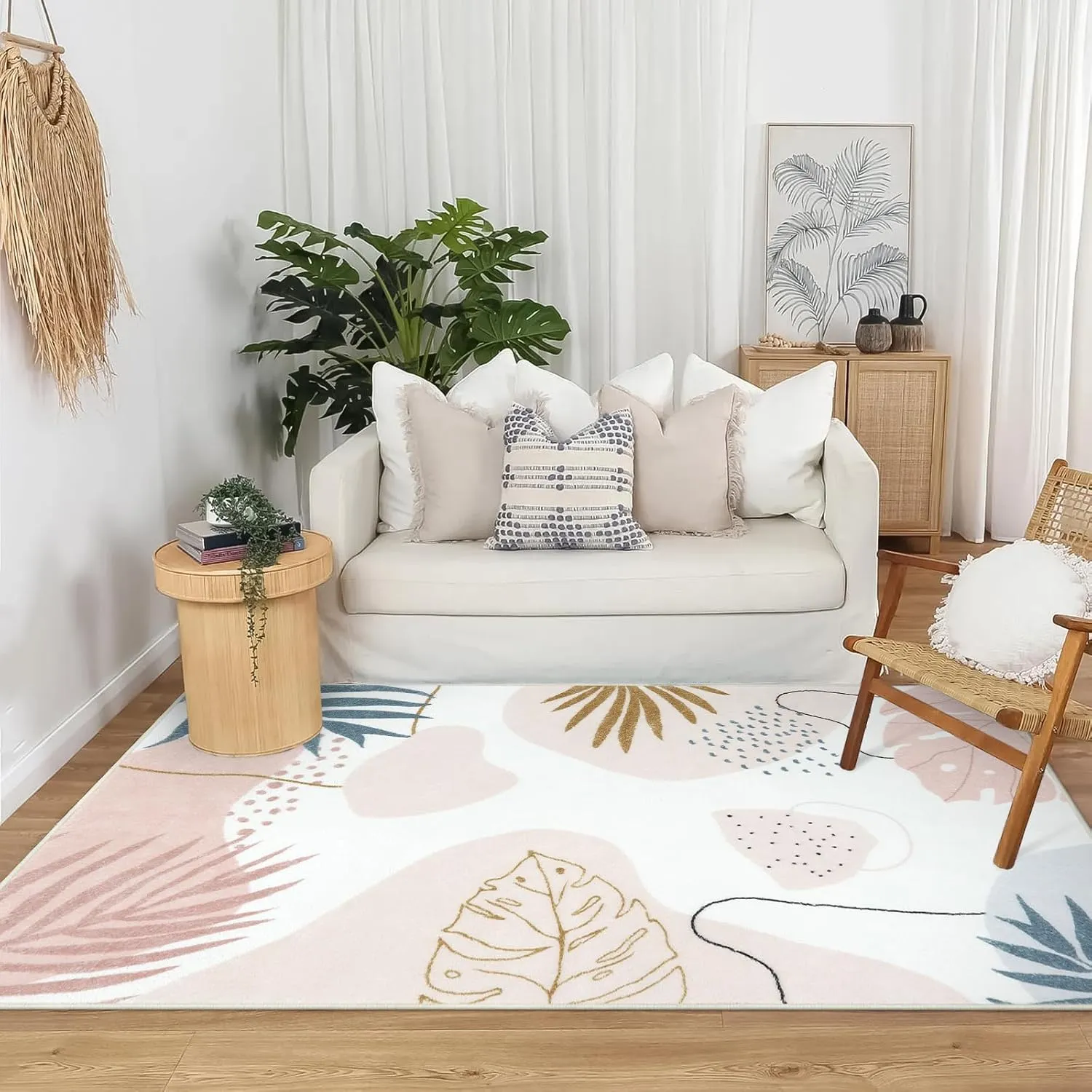 Seavish Boho Living Room Rug 4x6 Pink Area Rugs for Bedroom Aesthetic Machine Washable Soft Kids Nursery Room Rug Mid Century Modern Abstract Carpet Rugs for Classroom Playroom Office Dorm Decor