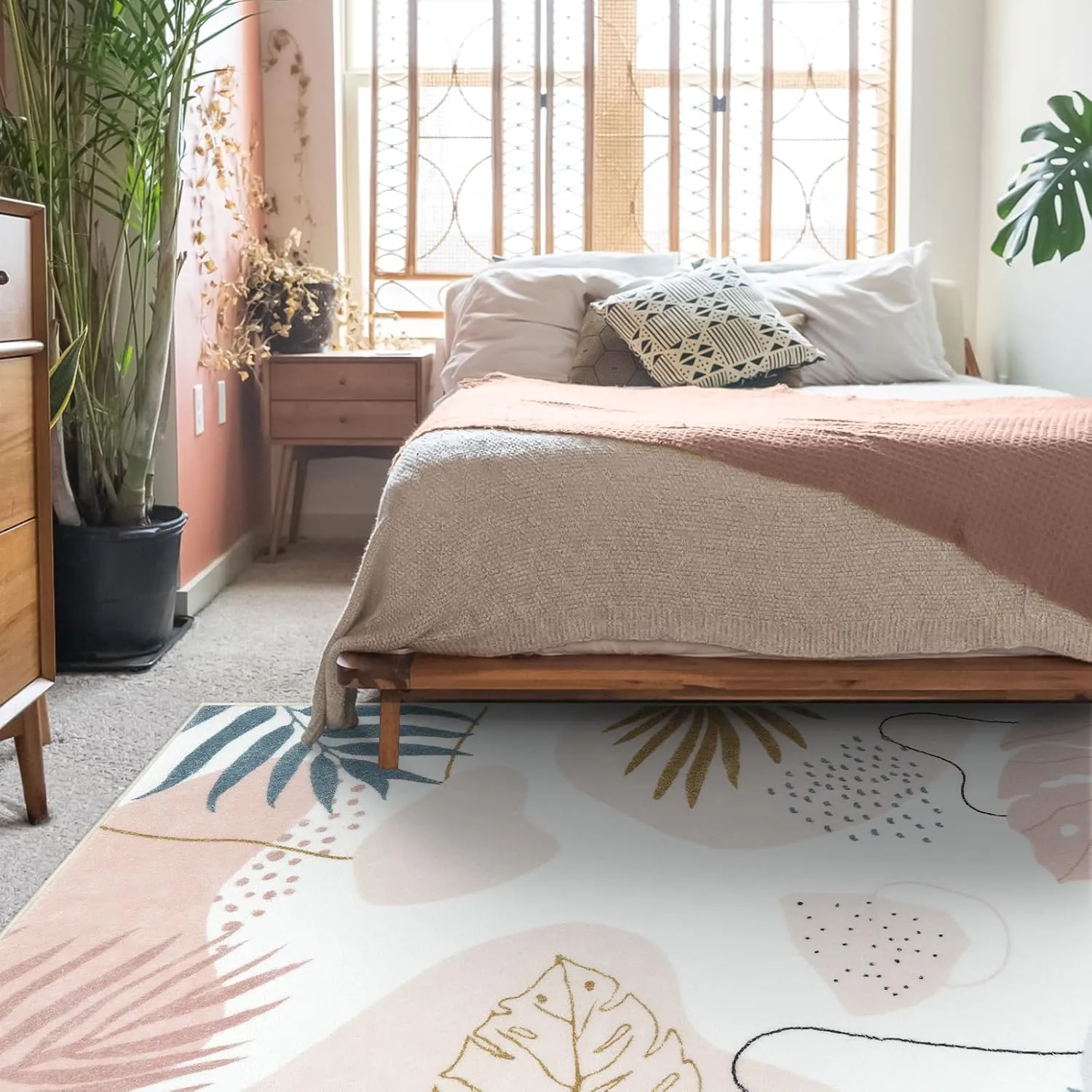 Seavish Boho Living Room Rug 4x6 Pink Area Rugs for Bedroom Aesthetic Machine Washable Soft Kids Nursery Room Rug Mid Century Modern Abstract Carpet Rugs for Classroom Playroom Office Dorm Decor