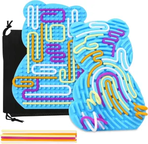 Sensory Activity Board, Fidget Toys for Kids Adults, Busy Board for Stress Relief, Silicone Sensory Board, with Portable Travel Bag & 20 Strings, Ages 3  (Blue Bear)