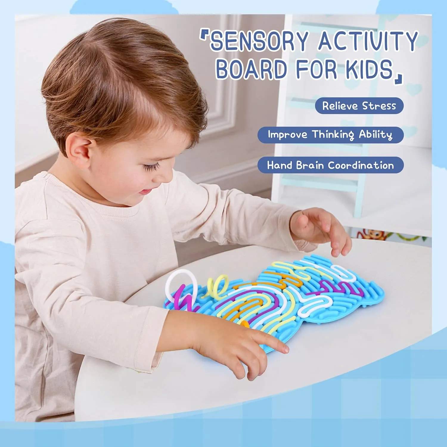 Sensory Activity Board, Fidget Toys for Kids Adults, Busy Board for Stress Relief, Silicone Sensory Board, with Portable Travel Bag & 20 Strings, Ages 3  (Blue Bear)