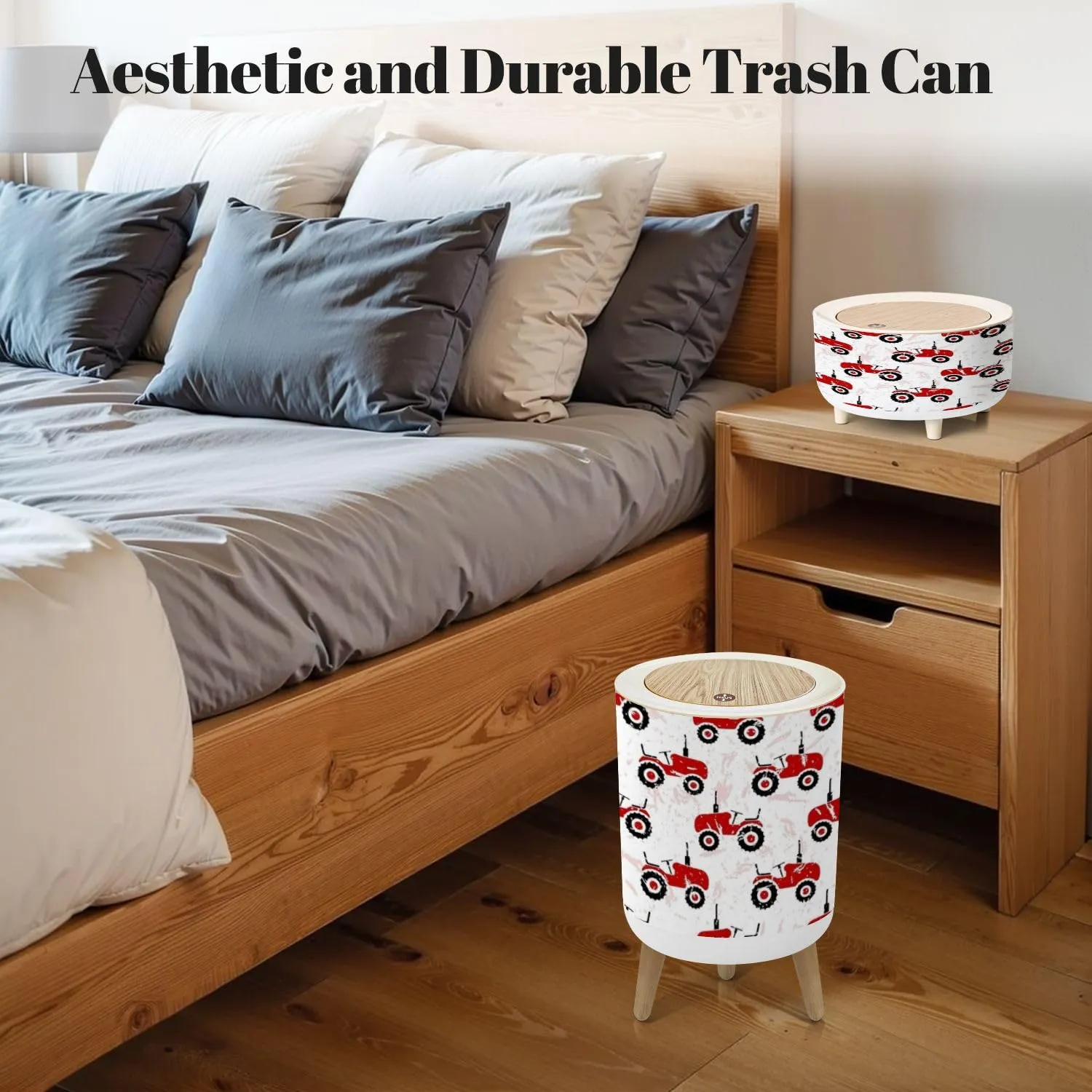 Set of 3 Trash Can with Press Lid Small red old wheeled tractors white Cute transport seamless pattern Medium Garbage Can & Small Desktop Trash can, Waste Bin Wastebasket for Bathroom Kitchen Office