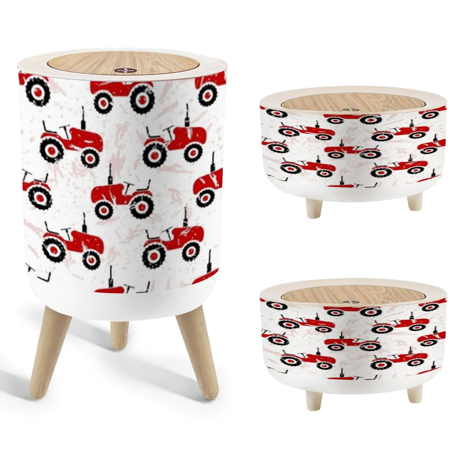 Set of 3 Trash Can with Press Lid Small red old wheeled tractors white Cute transport seamless pattern Medium Garbage Can & Small Desktop Trash can, Waste Bin Wastebasket for Bathroom Kitchen Office
