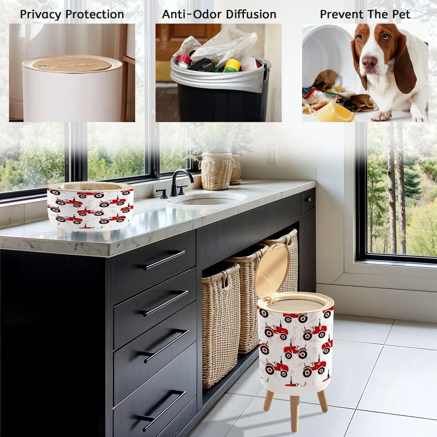 Set of 3 Trash Can with Press Lid Small red old wheeled tractors white Cute transport seamless pattern Medium Garbage Can & Small Desktop Trash can, Waste Bin Wastebasket for Bathroom Kitchen Office