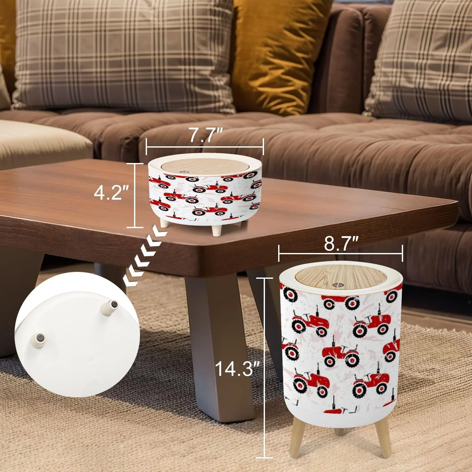 Set of 3 Trash Can with Press Lid Small red old wheeled tractors white Cute transport seamless pattern Medium Garbage Can & Small Desktop Trash can, Waste Bin Wastebasket for Bathroom Kitchen Office