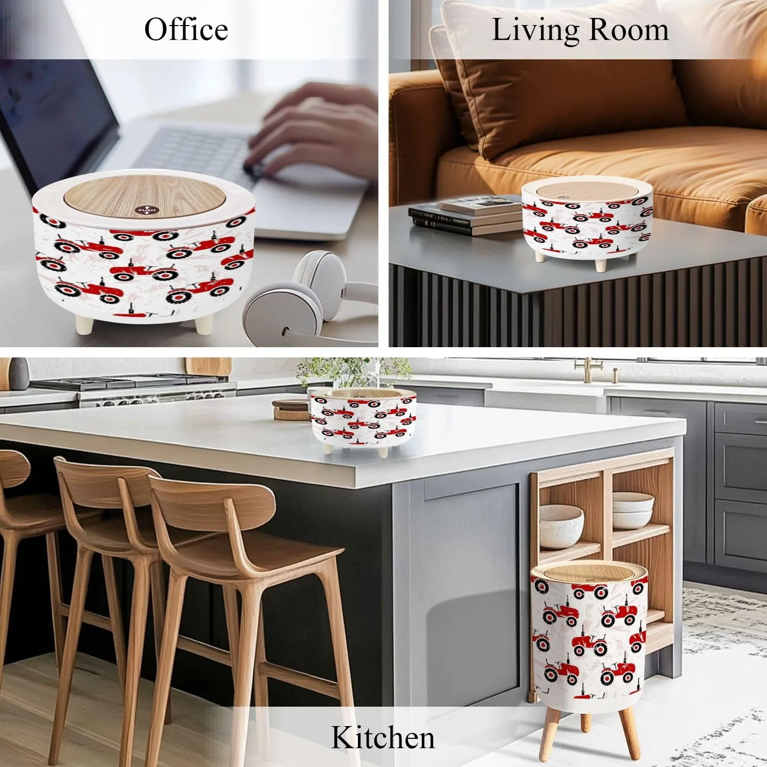 Set of 3 Trash Can with Press Lid Small red old wheeled tractors white Cute transport seamless pattern Medium Garbage Can & Small Desktop Trash can, Waste Bin Wastebasket for Bathroom Kitchen Office