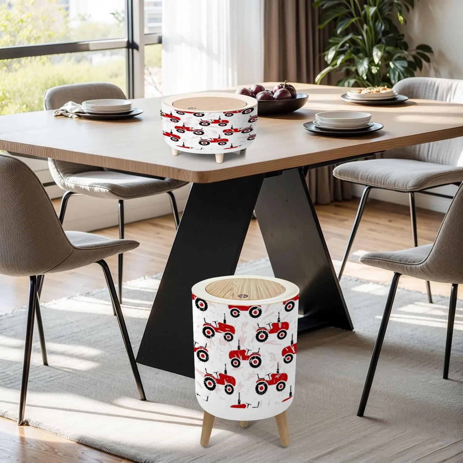 Set of 3 Trash Can with Press Lid Small red old wheeled tractors white Cute transport seamless pattern Medium Garbage Can & Small Desktop Trash can, Waste Bin Wastebasket for Bathroom Kitchen Office