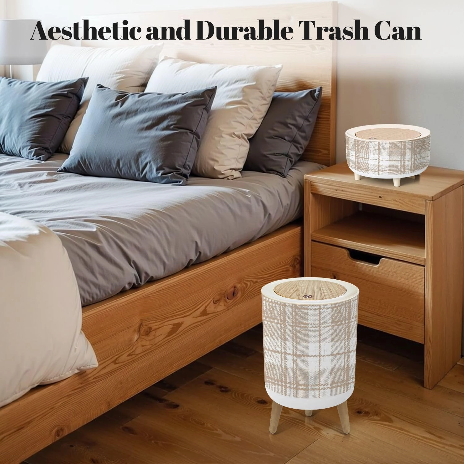 Set of 3 Trash Can with Press Lid Camel beige trend seamless lines plaid washed texture seamless design Medium Garbage Can & Small Desktop Trash can, Waste Bin Wastebasket for Bathroom Kitchen Office