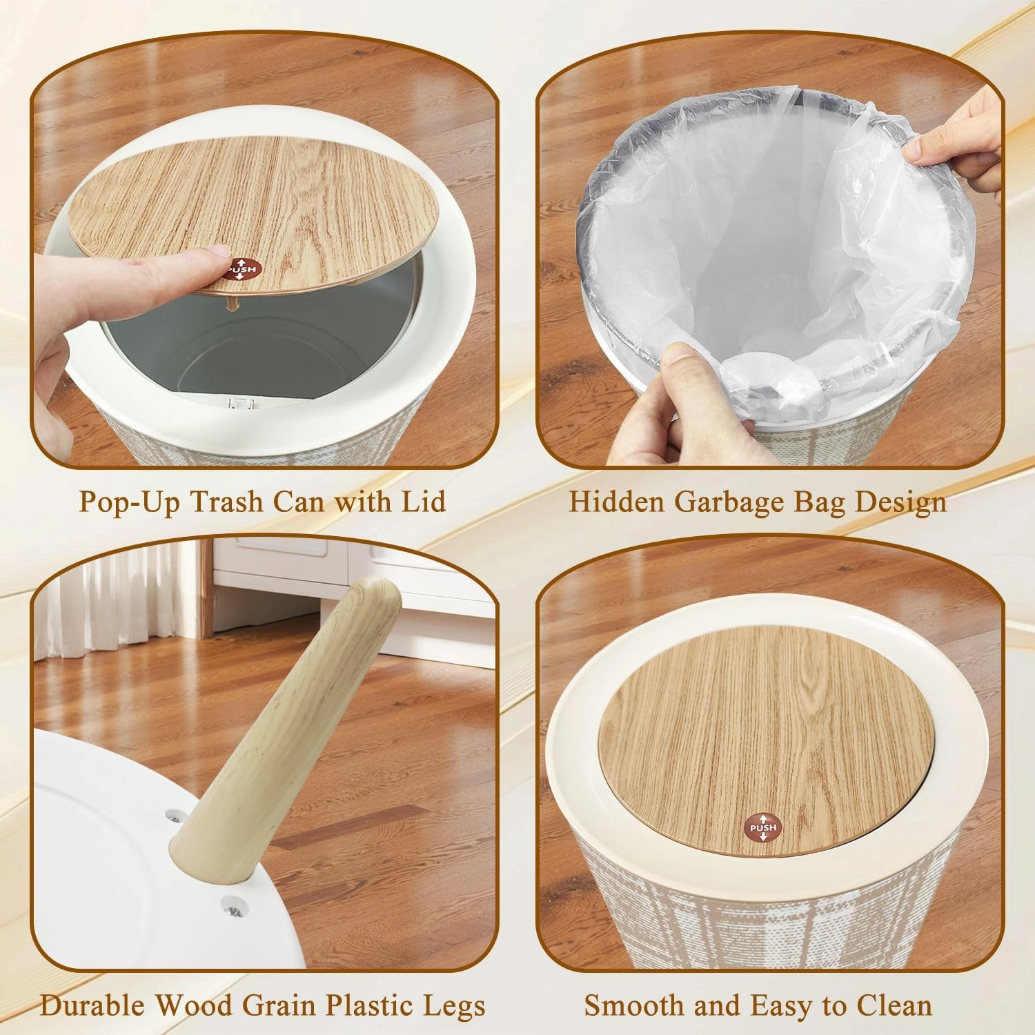 Set of 3 Trash Can with Press Lid Camel beige trend seamless lines plaid washed texture seamless design Medium Garbage Can & Small Desktop Trash can, Waste Bin Wastebasket for Bathroom Kitchen Office