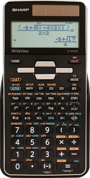 Sharp EL-W516TBSL 16-Digit Advanced Scientific Calculator with WriteView 4 Line Display, Battery and Solar Hybrid Powered LCD Display, Black & White, Black and Silver, Model Number: ELW516TBSL, Large