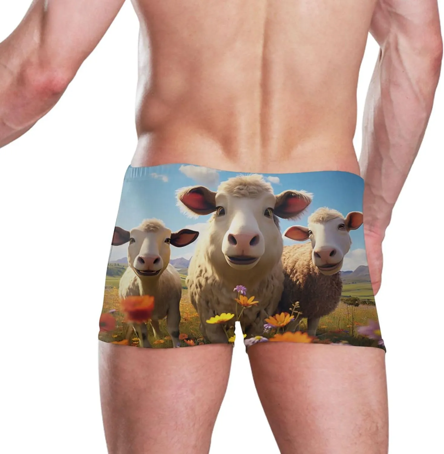 Sheep Flowers Grassland Mens Swim Trunk Swimwear Bathing Suit Swim Brief Square Leg Board Short S S0403562