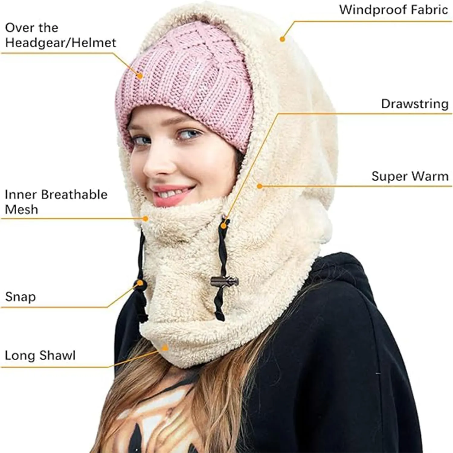 Sherpa Hood Ski Helmet,Sherpa Hood Ski Mask,Sherpa Ski Mask,Sherpa Ski Hood,Windproof Adjustable Fleece Ski Mask