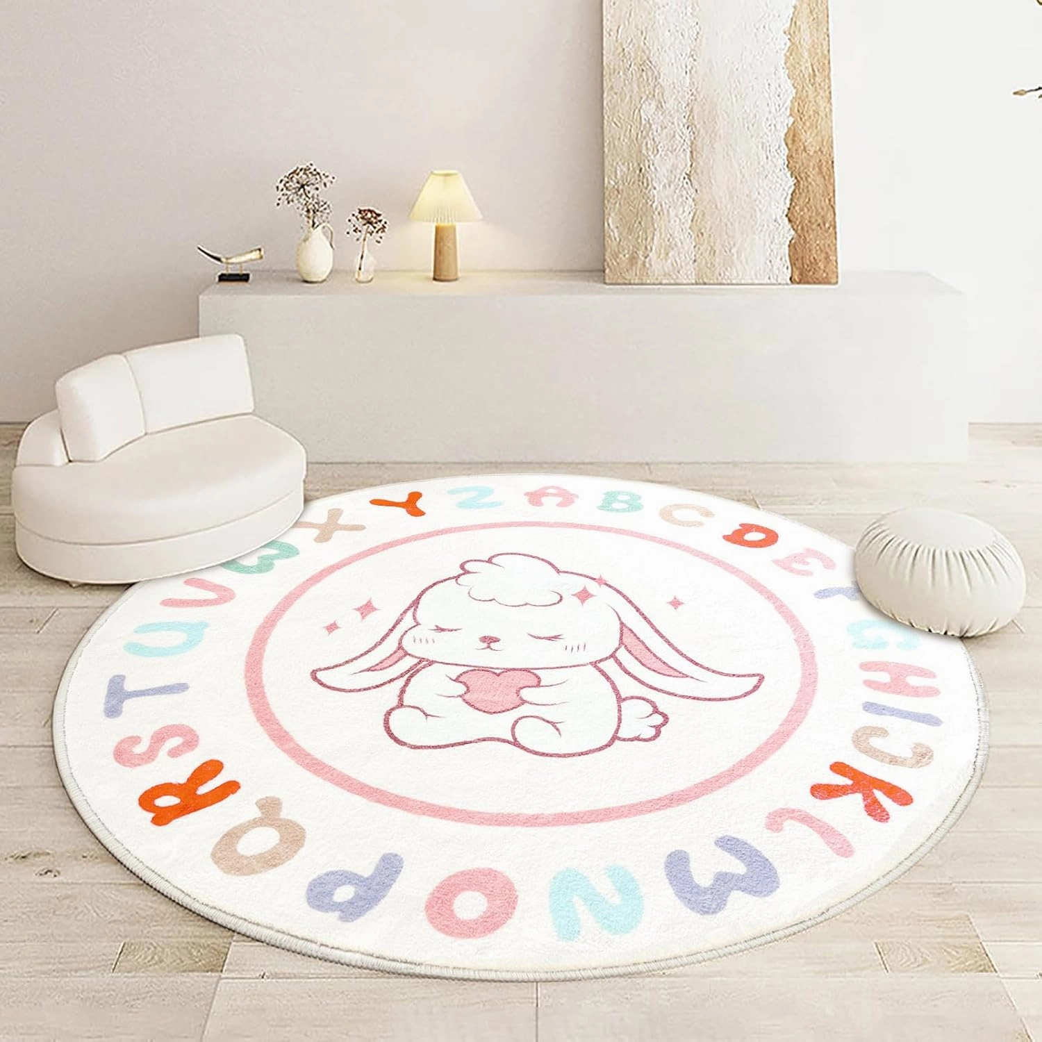 SHIPKEY Fluffy Soft Round Rug, Indoor Nursery Rug, Shaggy Anti-Skid Carpet for Bedroom Living Room, Kids Rug Perfect for Boys & Girls (2.6x2.6 feet)