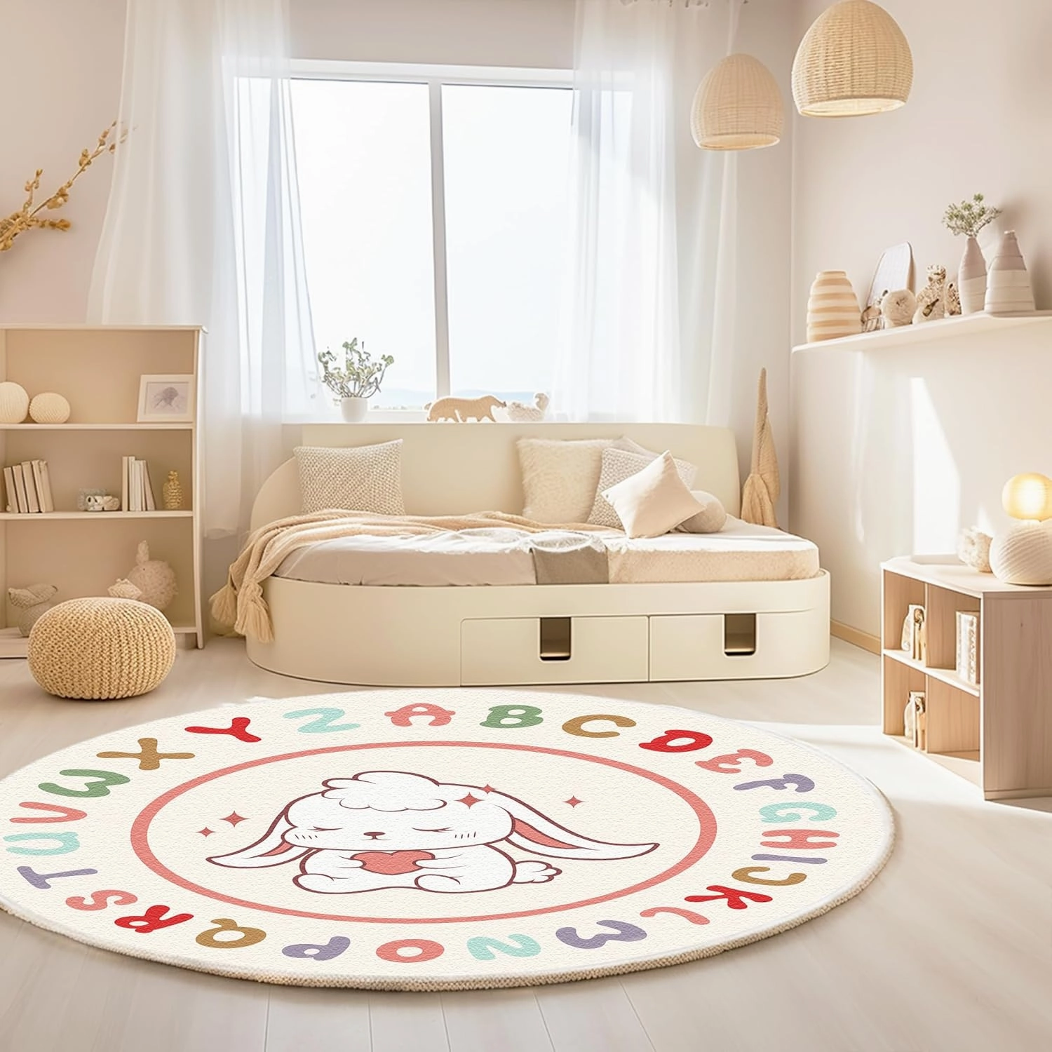 SHIPKEY Fluffy Soft Round Rug, Indoor Nursery Rug, Shaggy Anti-Skid Carpet for Bedroom Living Room, Kids Rug Perfect for Boys & Girls (2.6x2.6 feet)