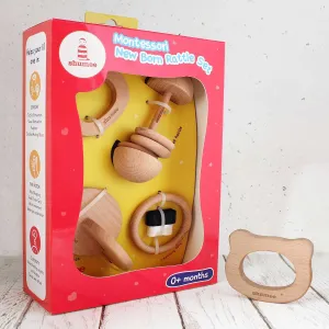 Shumee Wooden Multi-Stage Montessori Rattle & Teether 4 PCs Gift Set- Dumbell Shaped Rattle, Connecting Disc, Bear Teether, Teething Ring | Sensory Toy | Gifts for Newborns