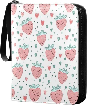 Simple Strawberry Print Card Binder 4 Pocket Trading Card Album Fits 400 Sports/Game Cards, PU Cover 3 Ring Card Collection with 50 Removable Sleeves