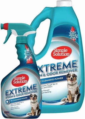 Simple Solution Extreme Pet Stain and Odor Eliminator Spray, Pee Stain Remover, Enzyme Cleaner, 3X Pro-Bacteria Cleaning Power, Dog Odor Remover, 32 oz and Gallon