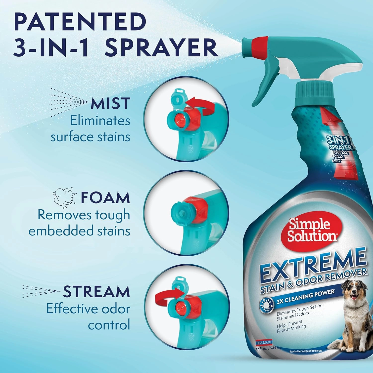 Simple Solution Extreme Pet Stain and Odor Eliminator Spray, Pee Stain Remover, Enzyme Cleaner, 3X Pro-Bacteria Cleaning Power, Dog Odor Remover, 32 oz and Gallon