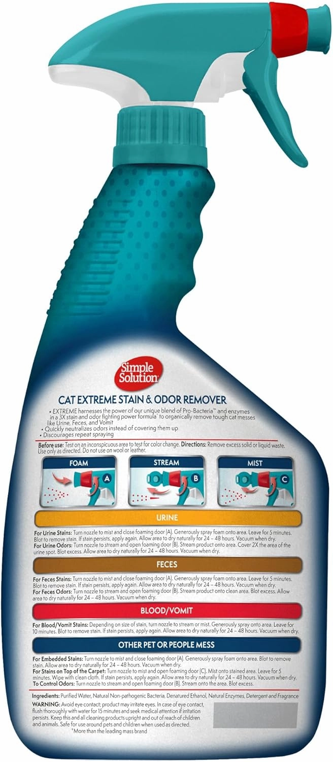 Simple Solution Extreme Pet Stain and Odor Eliminator Spray, Pee Stain Remover, Enzyme Cleaner, 3X Pro-Bacteria Cleaning Power, Dog Odor Remover, 32 oz and Gallon